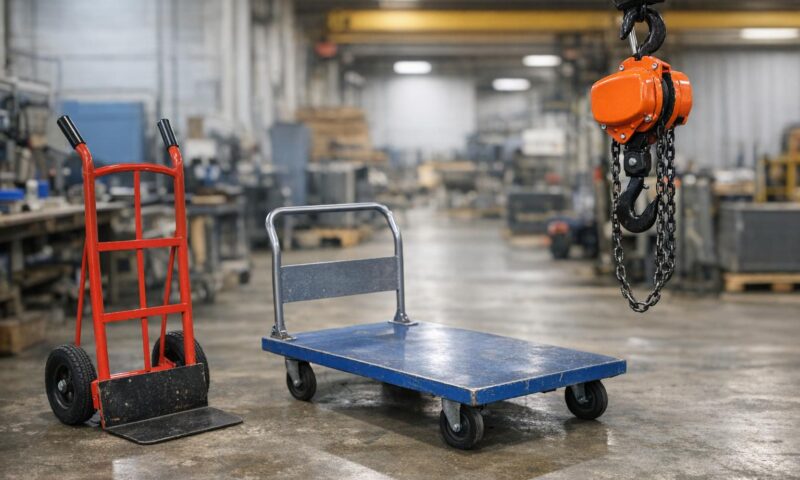 Équipements de manutention lourde : diable, chariot, palan