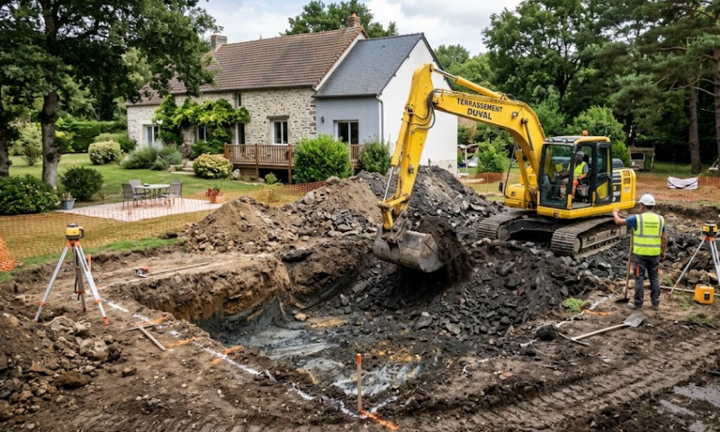 Terrassement piscine : Drainage périphérique et puits de décompression